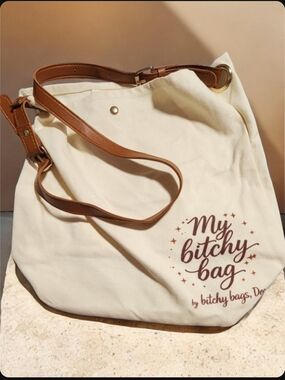 My Bitchy Bag Canvas Tote in Cream with Tan Strap